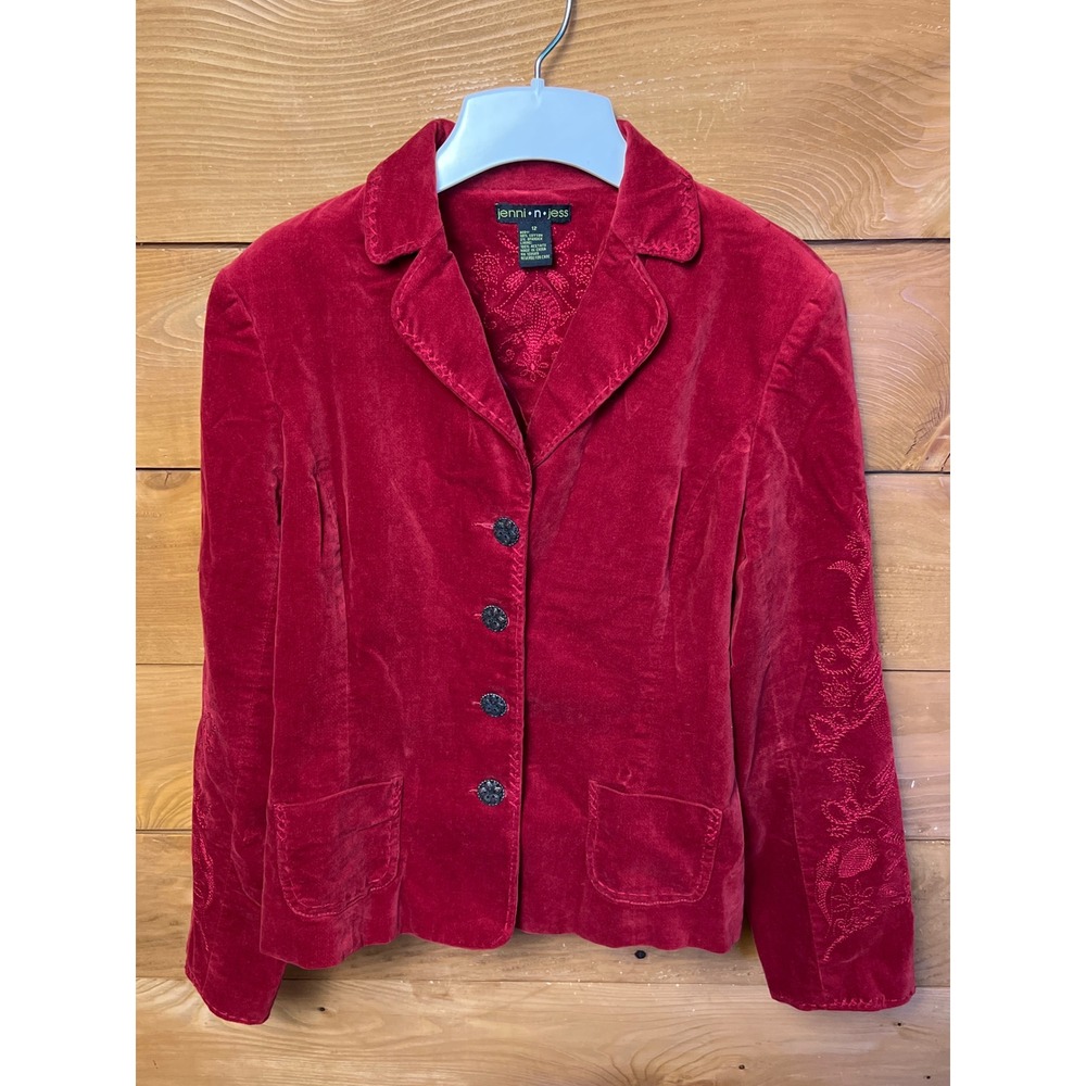 Jenni Jess Red Velvet Embroidered Blazer Jacket Women's 12 Valentines Day Office